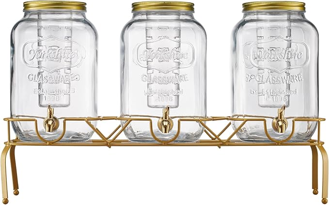 VEVOR Beverage Dispenser, 3 Pack 2 Gallon Drink Dispensers for Parties, Glass Juice Dispenser with Metal Stand, Stainless Steel Spigot, Infuser, Iced Tea Lemonade Juice Water Dispensers for Parties