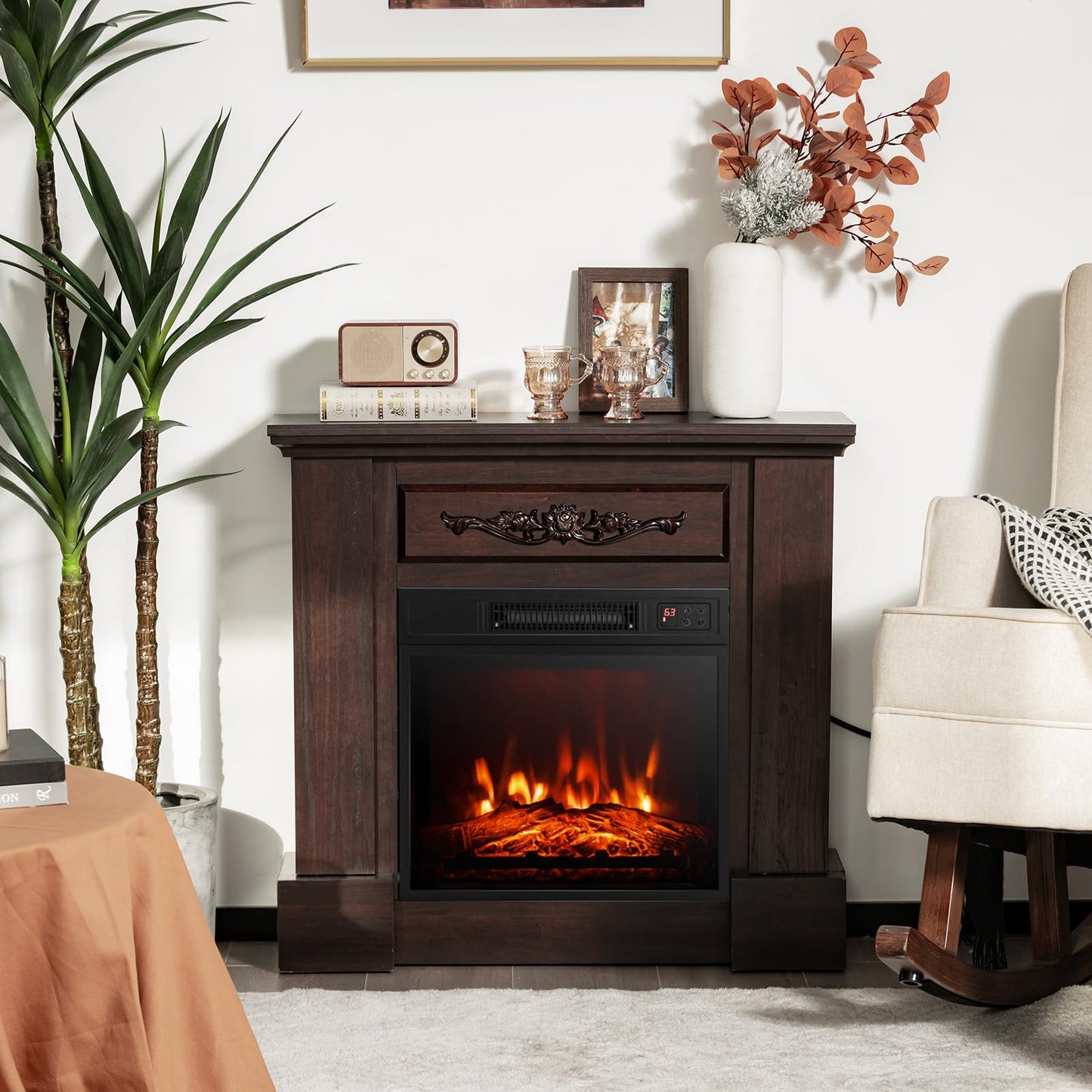 Simoe 32 Electric Fireplace With Mantel,Package Freestanding Fireplace With Remote Control & Overheat Protection & Adjustable Fl