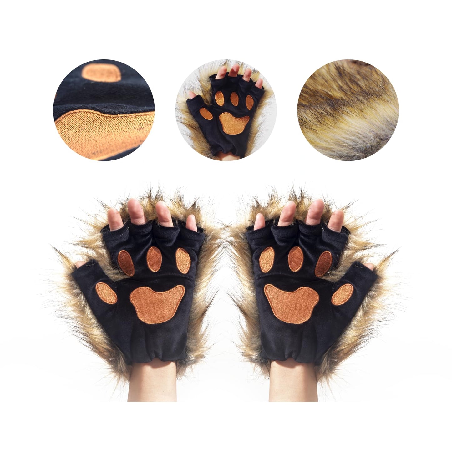 Ravakeny Fingerless Wolf Paw Gloves, Stretchy Furry Faux Fur Paws Animal Fox Cat Paws Gloves Halloween Cosplay Costume for Kids, Party (Brown)