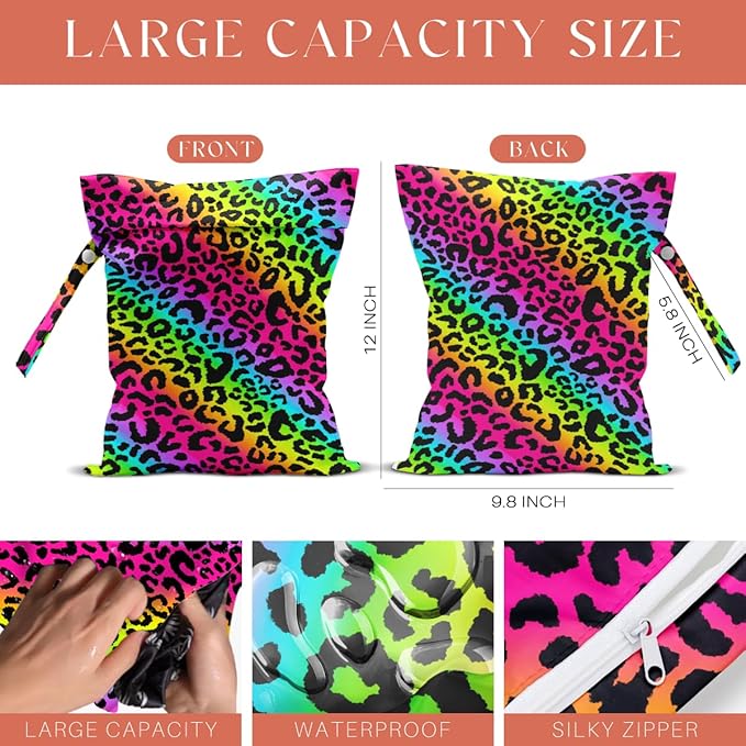 4 Pack Colorful Rainbow Neon Leopard Wet Bag Waterproof Washable Reusable Wet Dry Bag for Swimsuit Clothes Cloth Diaper Travel Beach Pool Yoga Gym Toiletries Gift for Women Friend Birthday Christmas