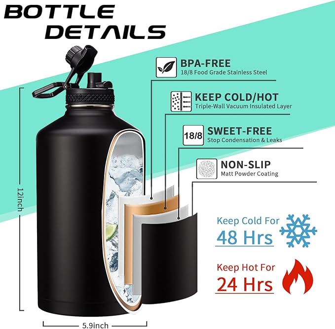128OZ Insulated Water-Bottles with Strap - 1 Gallon Large Water Jug with Straw & Spout Lid, Stainless Steel Water Bottle Leak Proof, Cold-48h Hot-24h Metal Water Flask w/ Paracord Handle, Carrier Bag
