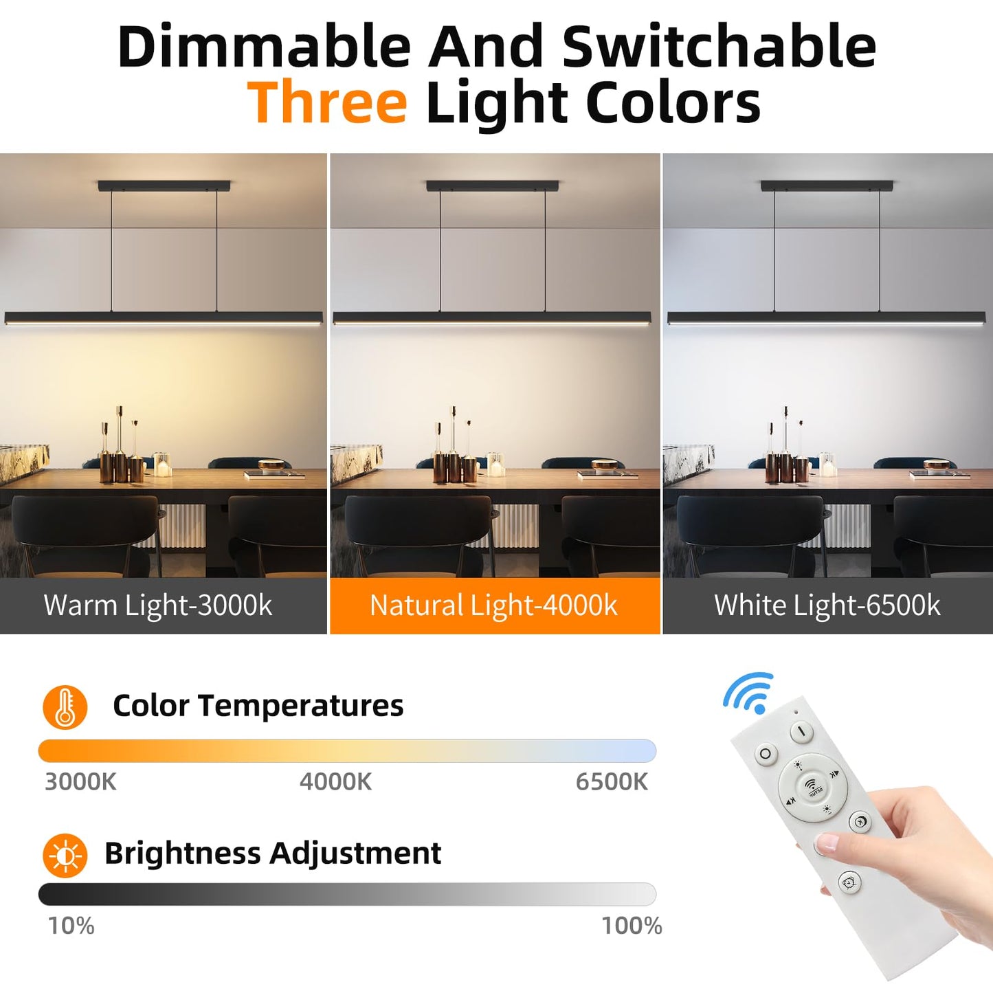 Mikeru Modern LED Linear Pendant Light, 70IN, Adjustable Color Temperature 3000K-6500K, Black, Aluminum, Model 444c0a0a-99d8