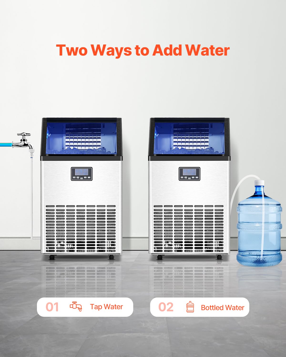VEVOR Commercial Ice Maker Machine with 2 Water Inlets, 100lbs/24H Ice Maker with 33lbs Storage Bin, 45 Ice Cubes in 15 Mins, LED Digital Display Freestanding & Self-Cleaning for Bar Office Restaurant
