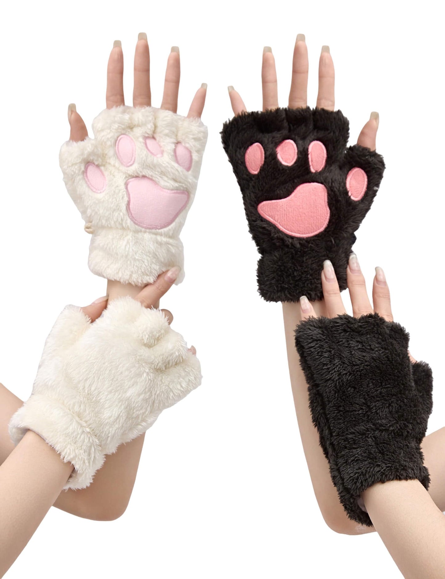 OTPEH 2 Pairs Cat Paw Gloves Fingerless Furry Cat Costume Black And White For Women Costume Accessories