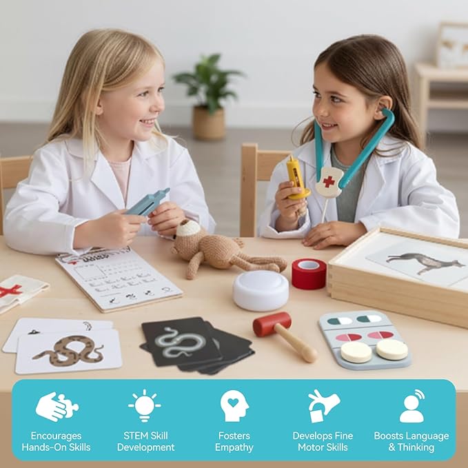 Doctor Kit for Toddlers 3-5, Pet Vet Pretend Play Toys for Kids, with X-Ray, Wooden Light Box, Medical Tools, STEM Educational Montessori Toys