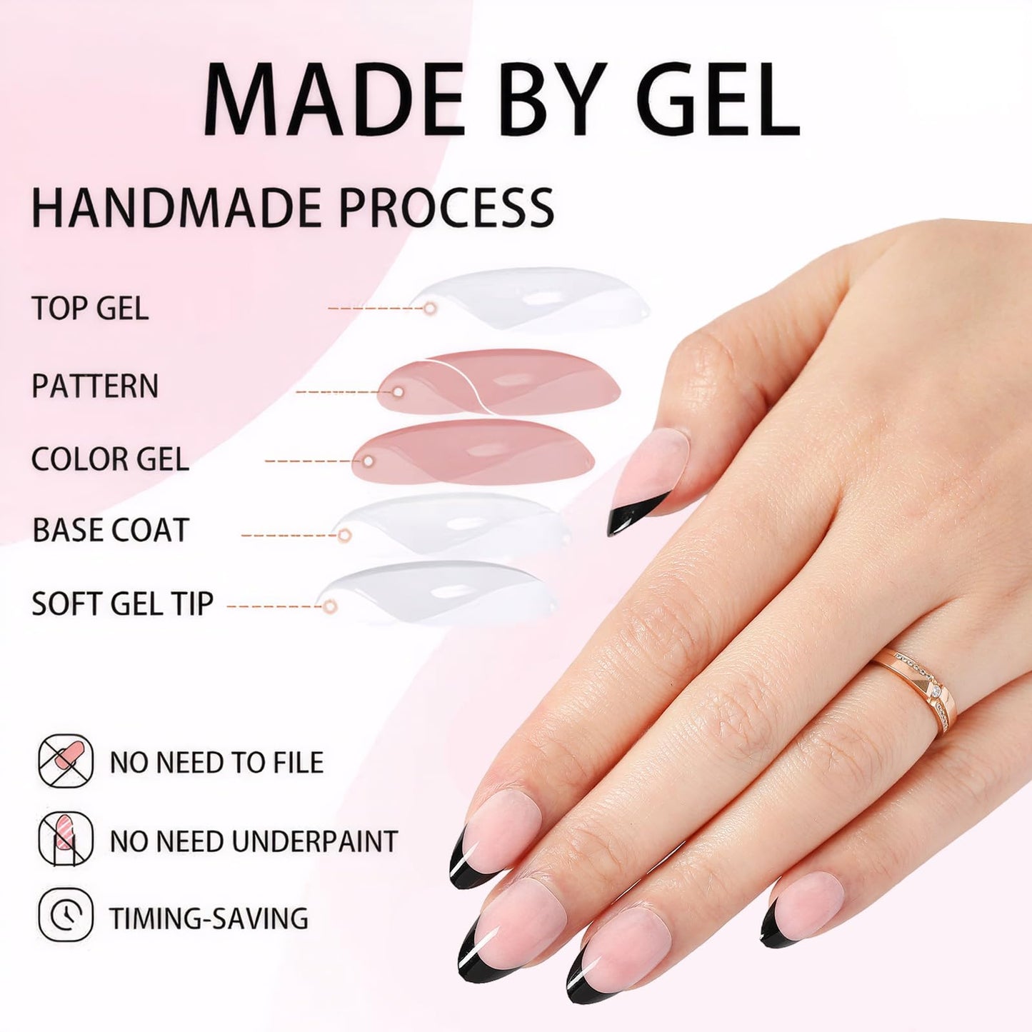 MRSCOL Press on Nails-Black French,32 Pcs French Tip Press on Nails Almond,Press On Nails Short Reusable 16 Sizes - 32 Nail Kit