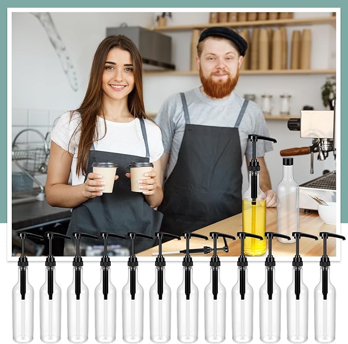 Maxdot 12 Pcs 25 oz Syrup Bottles with Pump Long Neck Bottles Plastic Syrup Pump Dispenser for Coffee Bar Accessories Home Party