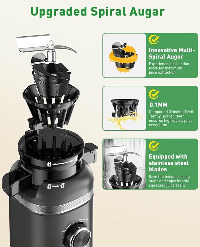 Cold Press Juicer Machines for Whole Vegetables & Fruits, Slow Masticating Juicer Maker with Wide Feed Chute, High Juice Yield, Easy to Clean, Gray