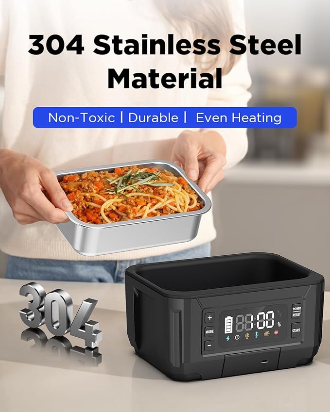 Cordless Electric Lunch Box for Adults – 1.2L Stainless Steel Self-Heating Lunch Box with 20000mAh Removable Rechargeable Battery, Portable Heated Food Warmer for Work, Travel & Office(black