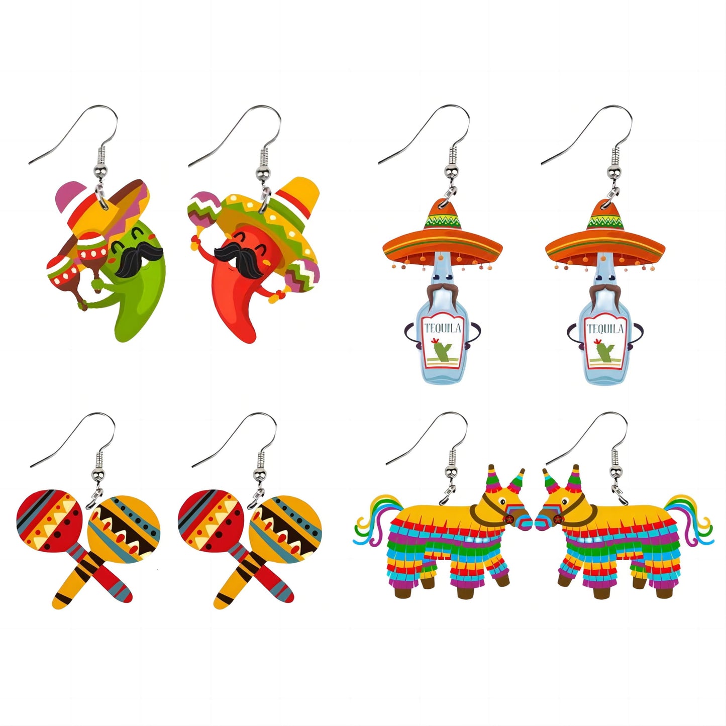 4 Pairs Cinco De Mayo Earrings for Women Fiesta Horse Hat Acrylic Dangle Earring Sets Mexican Festival Party Jewelry (Style 2)