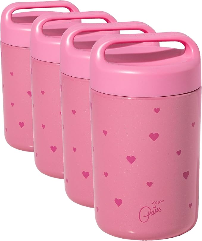 Paris Hilton Stainless Steel Food Jar, Double Wall Vacuum Sealed Insulated Food Storage Container with Carry Handle Lid, 16-Ounce, Pink with Heart Design (Pack of 4)