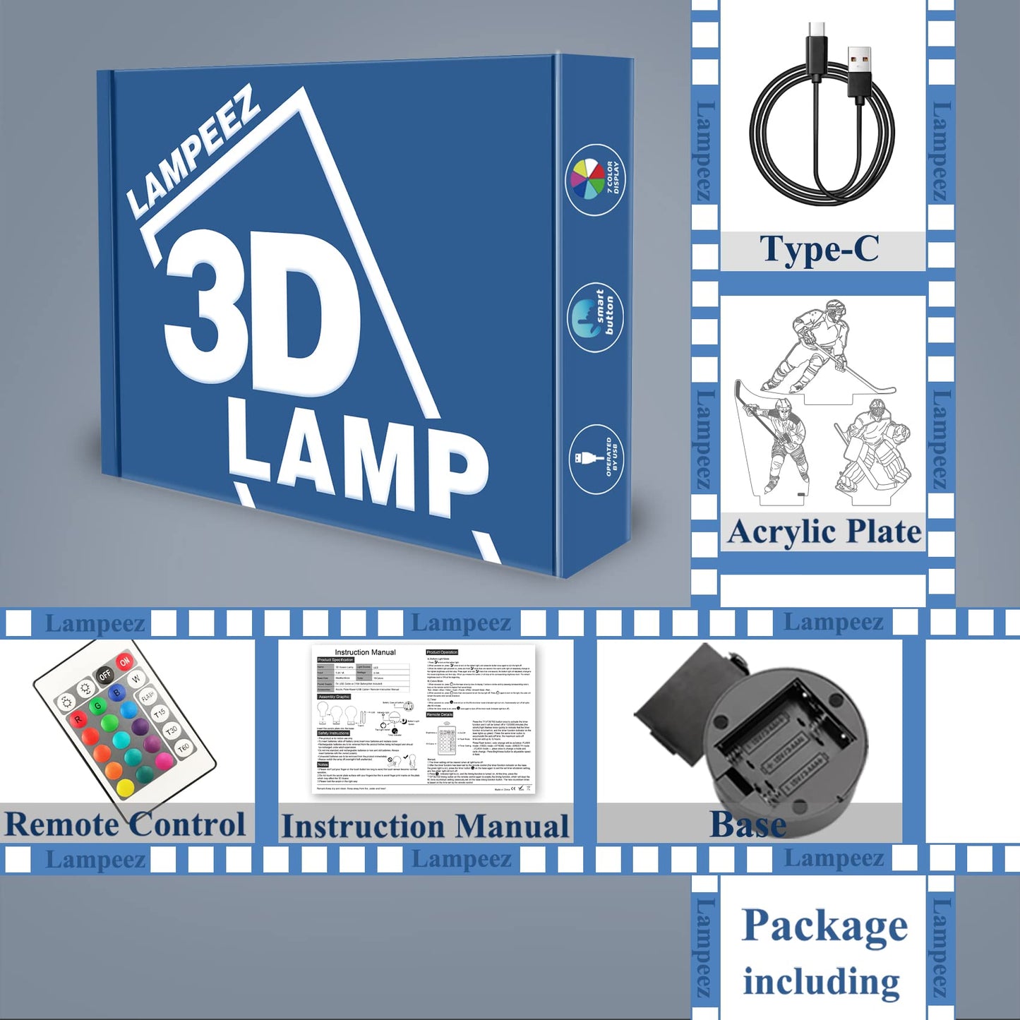 Lampeez 3D Ice Hockey Player Night Light - Multicolored Acrylic With Remote Control, Model Fs-2810-9999, Perfect Gift For Kids