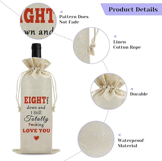 8th Anniversary for Couple Wine Bag Wedding Gift 8 Years of Marriage Gift for Women Men Drawstring Wine Wrapping Bag 8th Anniversary Keepsake Gift Birthday Christmas Valentine Gift Wine Gift Bag