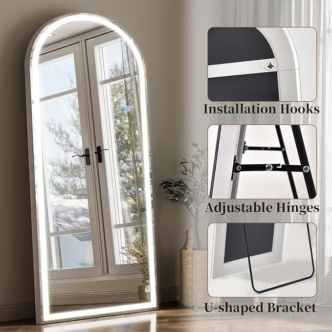 GLSLAND 26"x68" Arched LED Full Length Mirror with Lights Wall Mounted/Standing, Dimmable Floor Lighted Mirrors W/Anti-Fog, Touch Control for Bedroom, Dressing Room