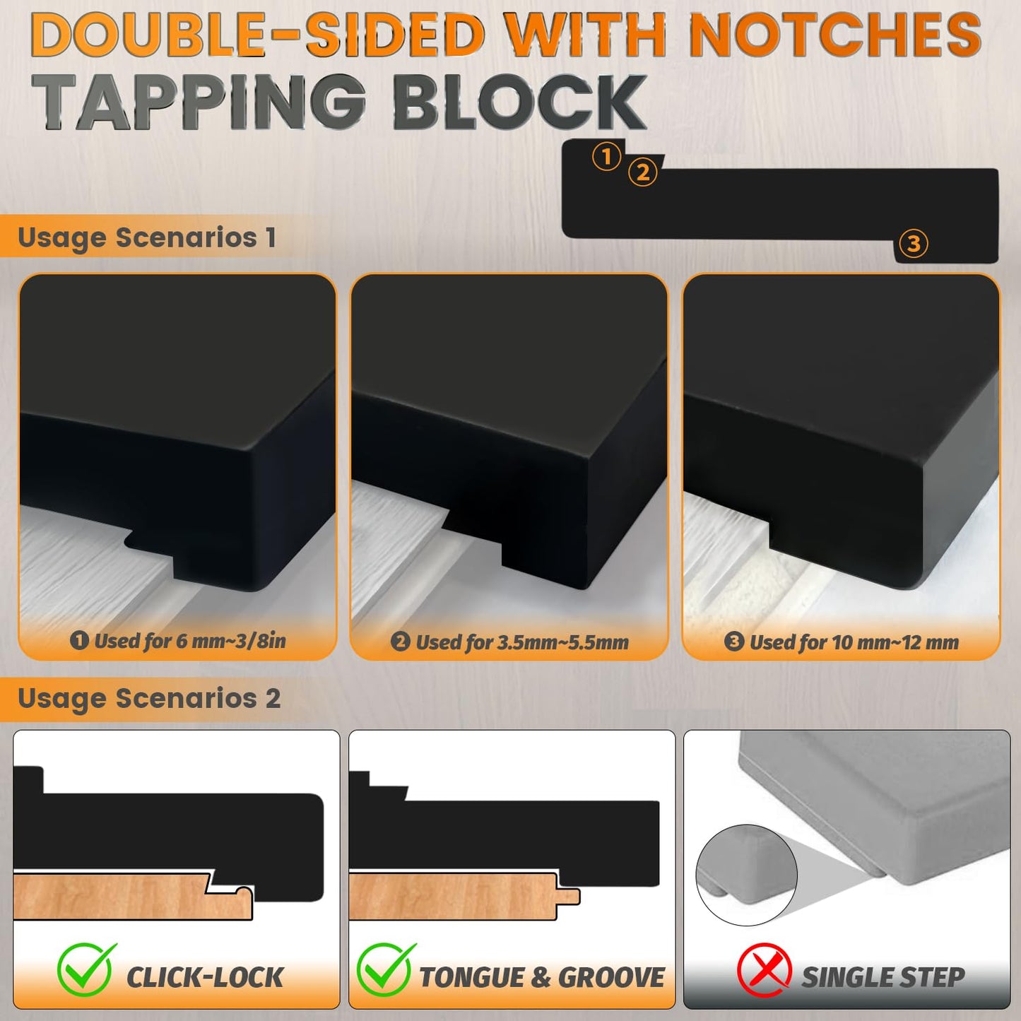 NAACOO Tapping Block for Vinyl Plank Flooring, 3 Edges - Meet Different Floor Thickness. Double Sided with Notches - Use for Tongue&Groove or Click-Lock Floor, Universal Laminate/Vinyl Flooring Tools.