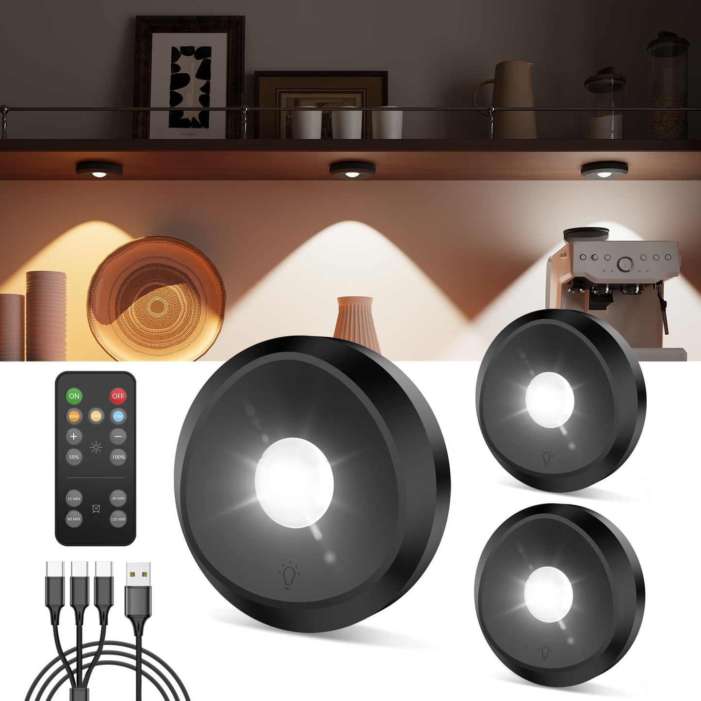 Tedmos USB Rechargeable LED Puck Lights, 2400mAh, Remote Control, 3 Pack, 3000k/4500k/6000k, Model Tedmos-LED