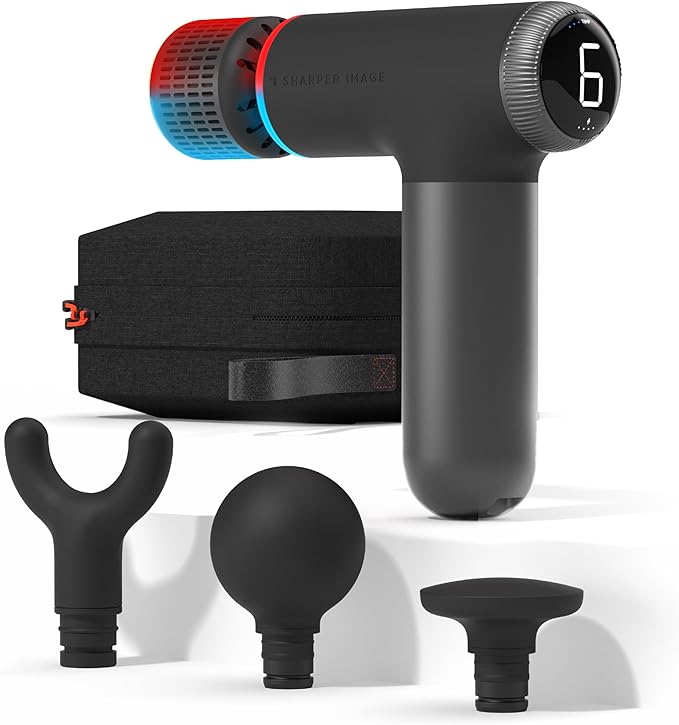 Sharper Image® Powerboost® Pro+ Hot & Cold Compact Deep Tissue Massage Gun - 6 Speed, 4 Attachments, Travel Case| Soothing...