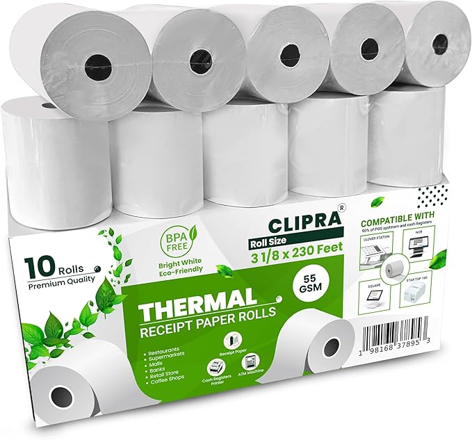 CLIPRA 3 1/8 x 230 Thermal Paper Receipt Rolls (10 PACK) [USA Based Brand] 55 GSM - Compatible with All POS Systems, Cash ...