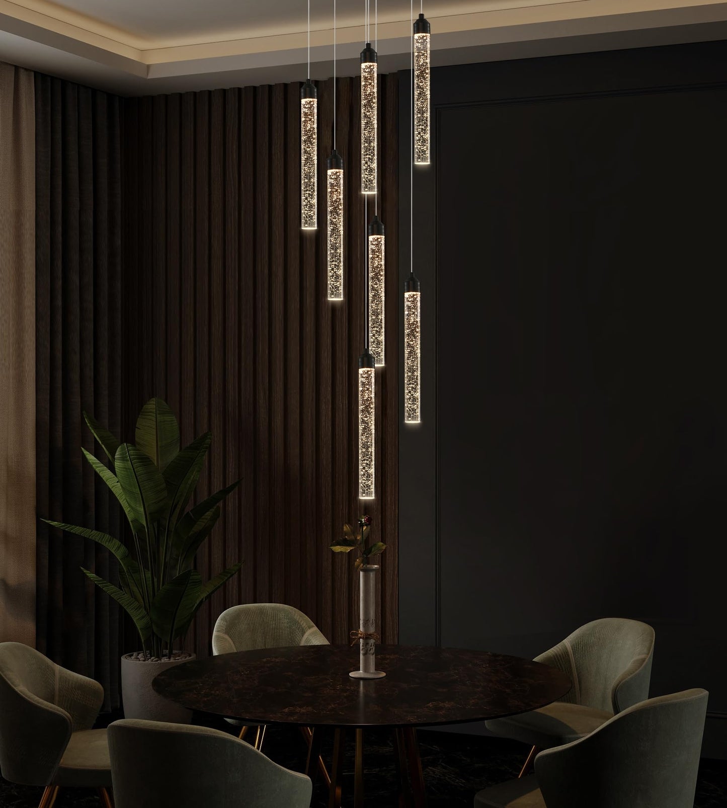 7-Lights High Ceiling Crystal Staircase Chandelier Black Pendant Lights Modern Spiral Raindrop Dimmable Led Bubble Cluster Ceiling Hanging Lighting Fixture For Foyer Living Room Remote Control