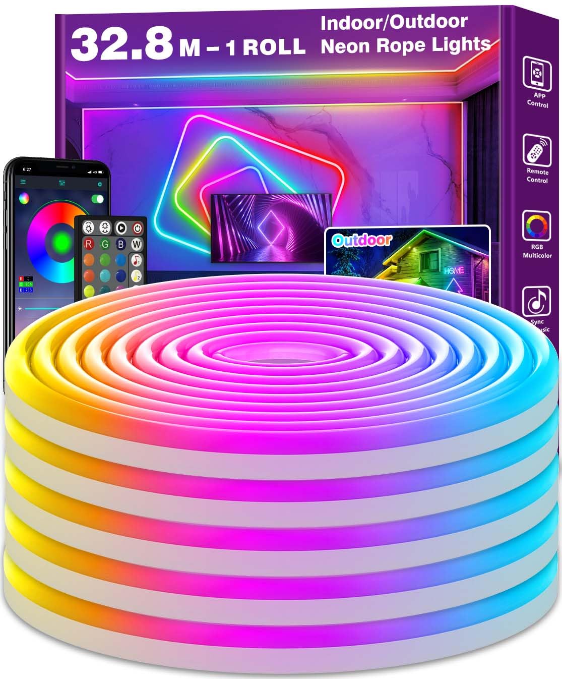 NUERPO 32.8Ft Neon Rope Lights, RGB LED, Waterproof, Music Sync, Flexible, App/Remote Control, for Bedroom Decor