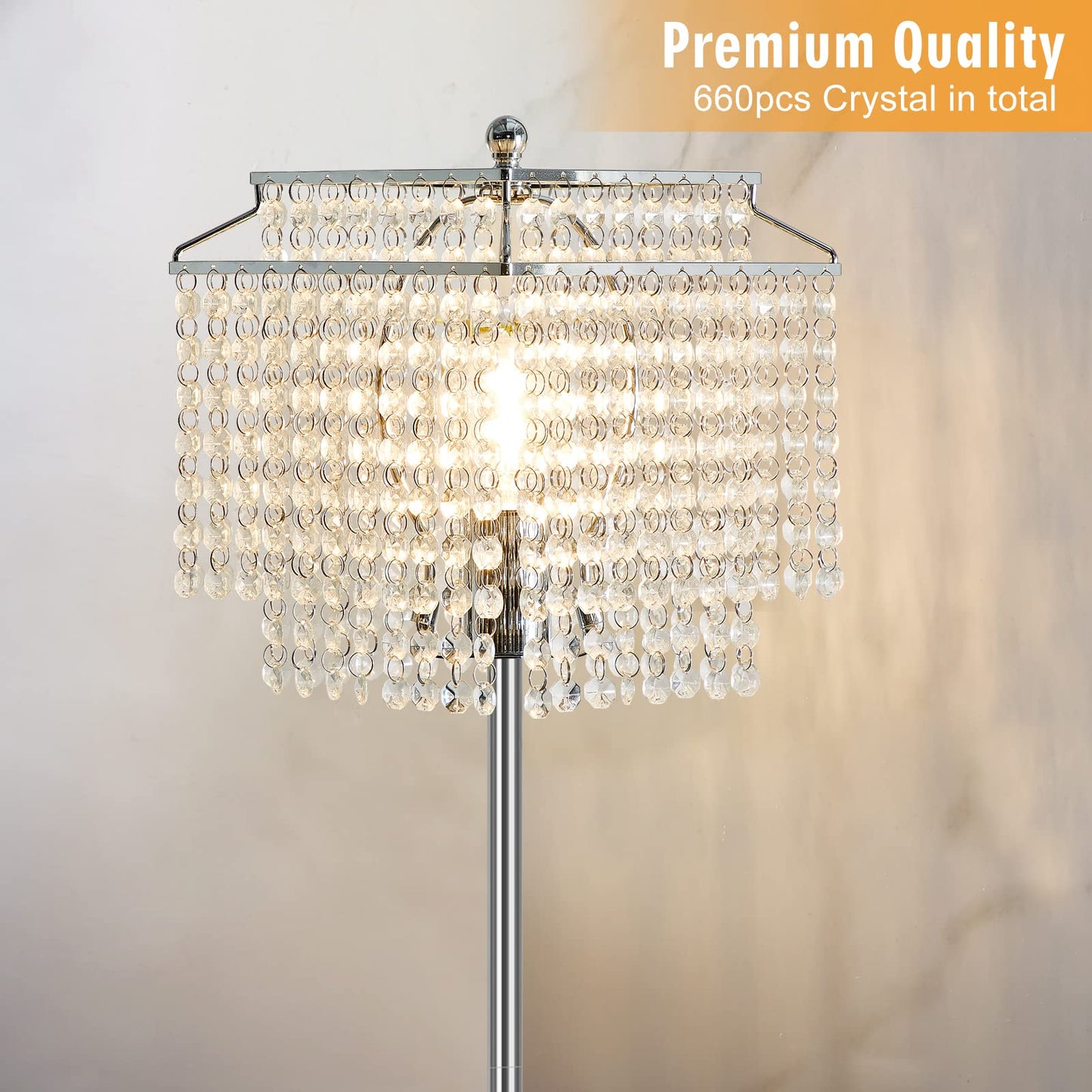 Luvkczc Silver Crystal Floor Lamp, Modern Design, Double-Layer Lampshade, On-Off Foot Switch, 8W Bulb Included