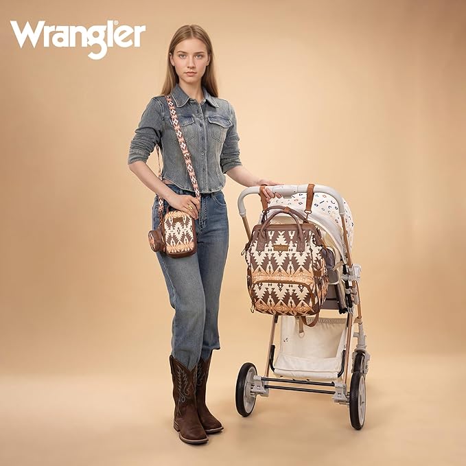 Montana West Wrangler Callie Diaper Bag Backpack with Pacifier Case, Crossbody Bottle Bag and Stroller Straps Western Pattern Multifunction Baby Travel Bag Set WG2215-9110BR