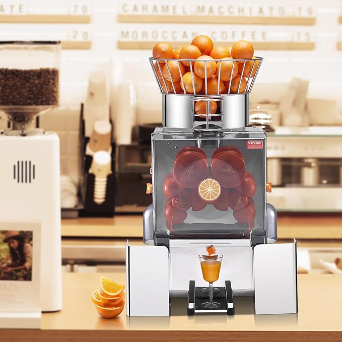 VEVOR Commercial Orange Juicer Machine, 120W Automatic Feeding Juice Extractor, Stainless Steel Juice Extractor for 25 Oranges Per Minute, with Pull-Out Filter Box, PC Cover, 2 Peel Collecting Buckets