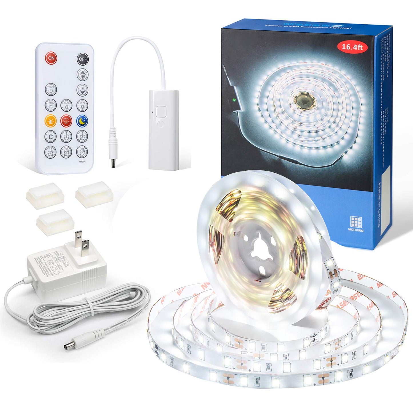 WOBANE LED Strip Lights, 16.4ft Dimmable Tape Lights, 6500K Daylight, Flexible Plastic, RF Remote, Model ZH402, White