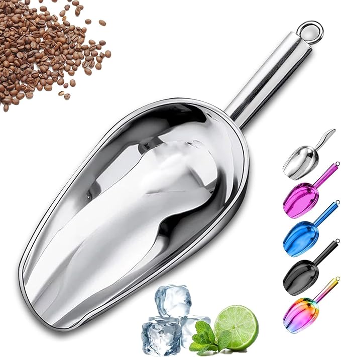Metal Ice Scoop，Kitchen Ice Scooper for Ice Maker,Stainless Steel Small Ice Scooper for Freezer，Kitchen Gadgets Cookie Flour Pet Dog Food Scoop (Silver, 8 OZ)