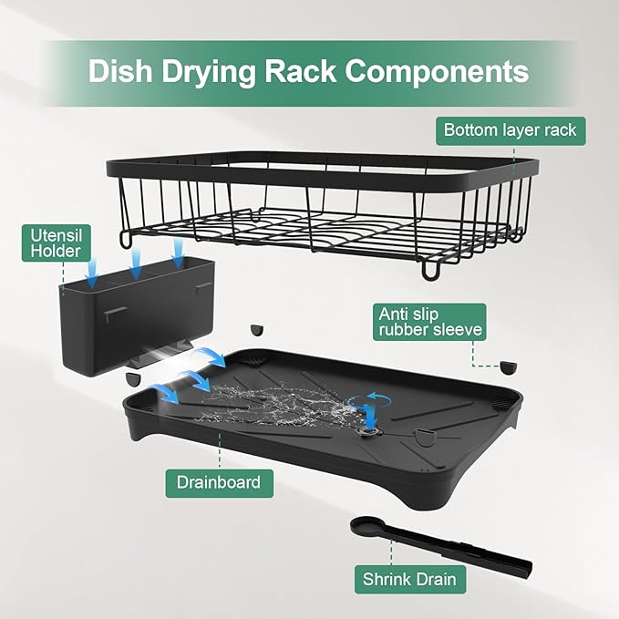 Dish Drying Rack for Kitchen Counter – Large Capacity Single Tier Dish Drainer with Utensil Holder & Cutlery Tray, Space Saving Countertop Organizer, Black