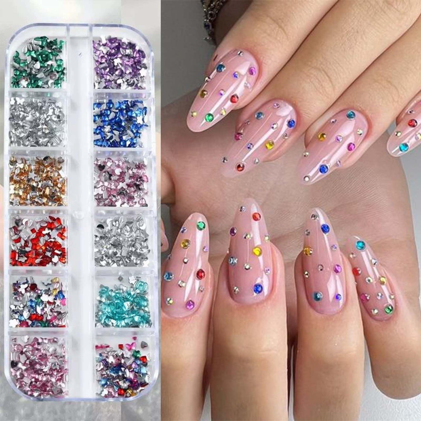ONPRESS 4Boxes/48Gird 4000Pcs Colorful Rhinestones Nail Art Charms 3D Flatback Rhinestones for Nails Art Design Heart Star Flowe