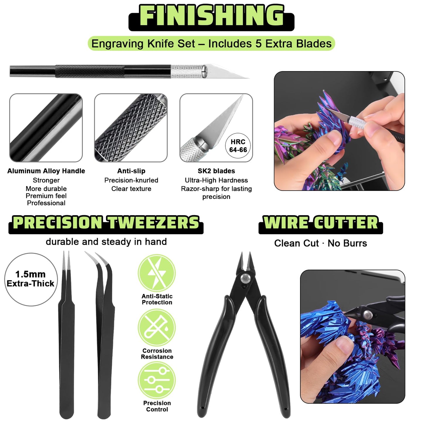 3D Printer Tools Kit, 34pcs 3D Printer Accessories for All FDM/SLA Printers Includes Nozzle Cleaning Tools, Removal Scrapers, Finishing Tools, 5 Types of Files,Brushes, Wire Cutter, Engraving Knife