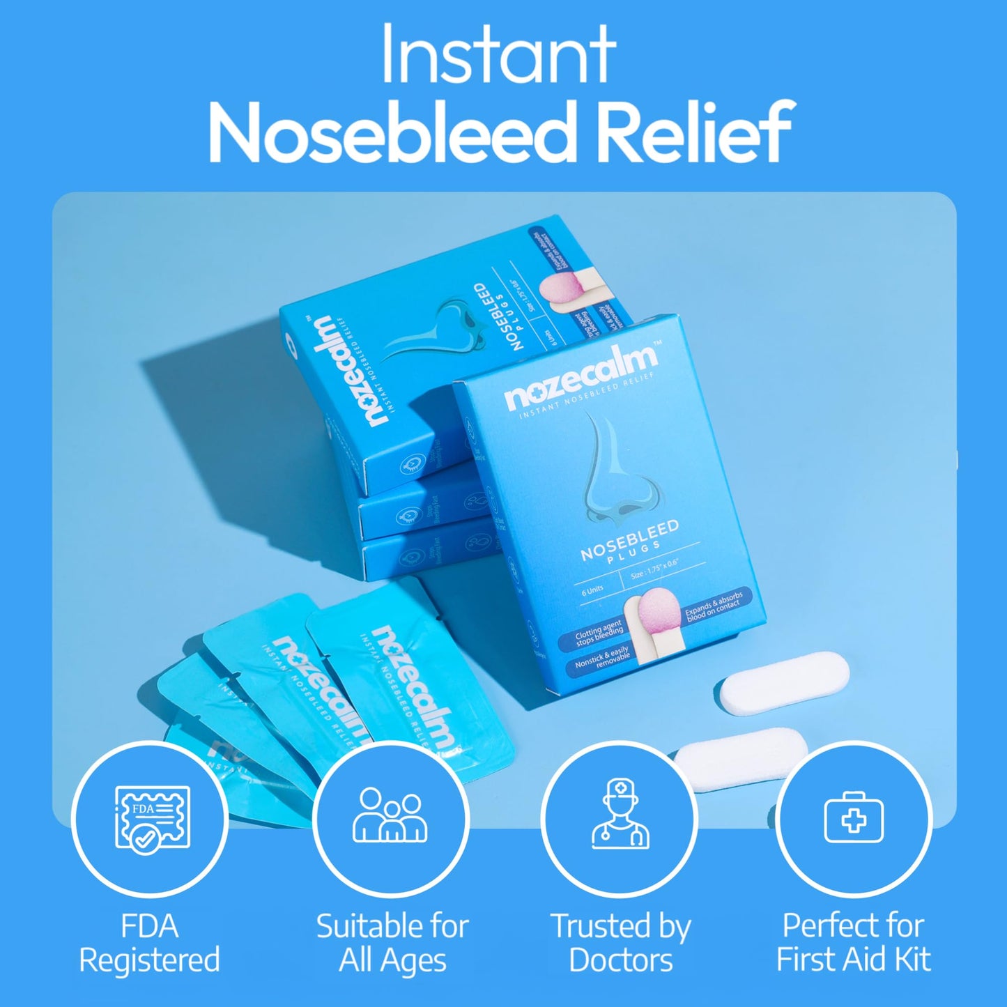 NozeCalm - Nose Bleed Stopper - Swift-Acting Nosebleed Plugs for Kids & All Ages - Bloody Nose Stoppers with Clotting Agent - Hypoallergenic, Non-Stick, Sterile, Easy Removal & Travel Ready (6-Count)