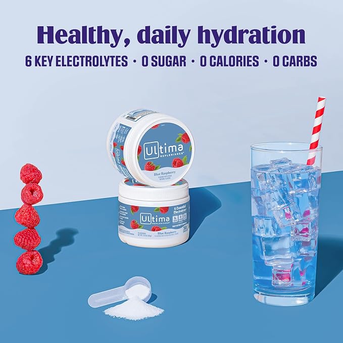 Ultima Replenisher Daily Electrolyte Powder Drink Mix – Sugar Free – Blue Raspberry, 30 Servings – Hydration Powder with 6 Electrolytes and Trace Minerals – Keto Friendly, Vegan, Non-GMO