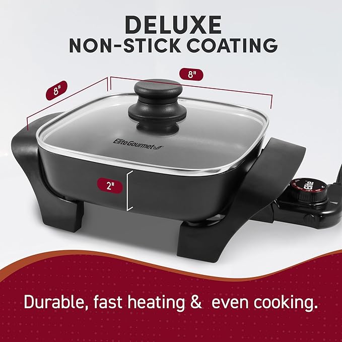 Elite Gourmet EG808 8” x 8" Non-stick Electric Skillet, Dishwasher Safe with Tempered Glass Vented Lid, Rapid Heat Up, 600W, Black