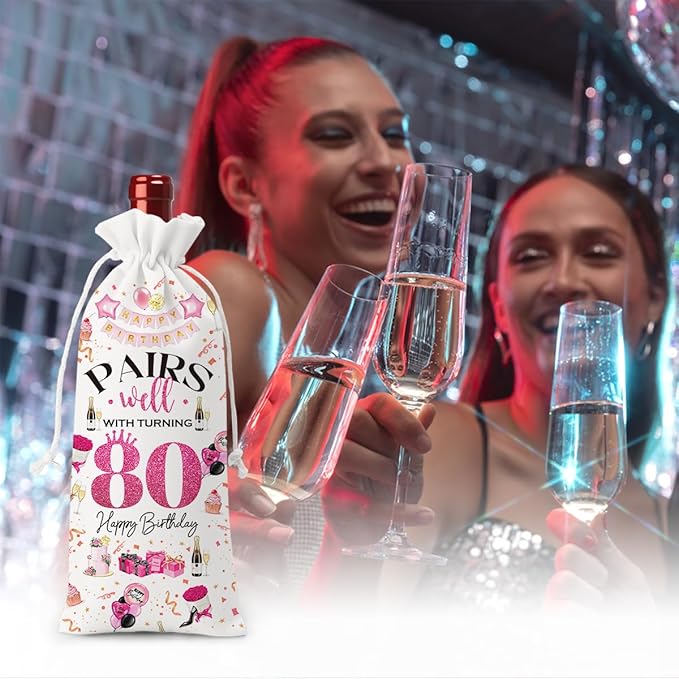 80th Birthday Gifts for Women Men Wine Bag, Birthday Gifts for 80 Year Olds Woman, Happy 80th Birthday Party Decorations for Women Men, Pairs Well with Turning 80 Wine Bags (White Pink)