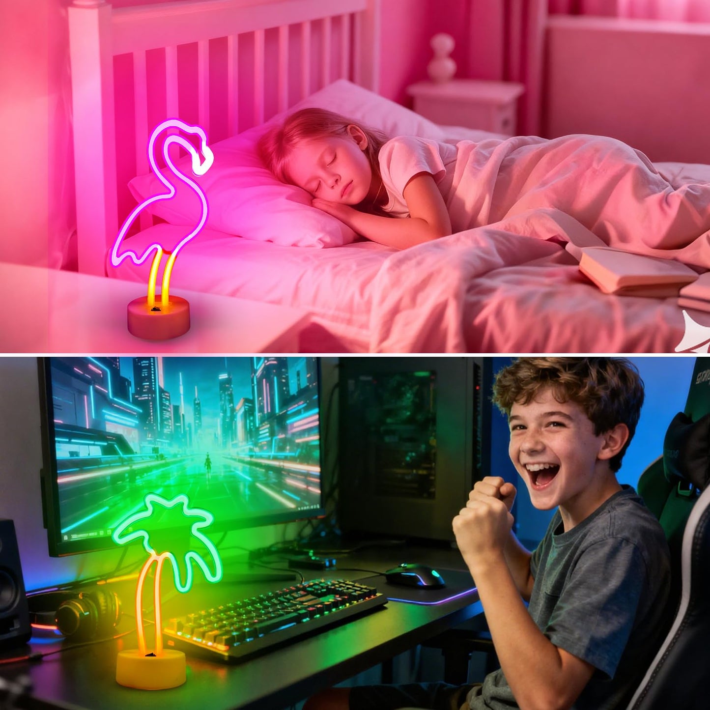 Ursamajor 2 Pack Neon Signs  Pink Flamingo & Neon Palm Tree  Usb/Battery Powered  Energy Efficient  Decor Lights For Girls Bedroom  Party  Dining Tables  Office Desk  Valentine Gifts