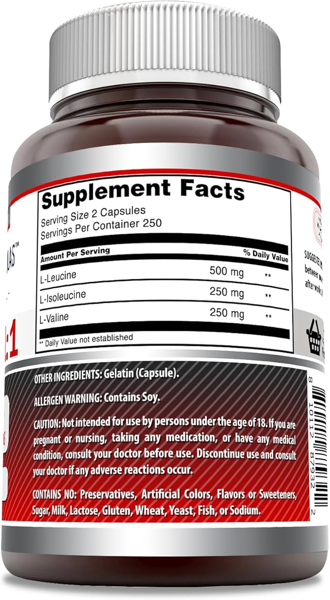 Amazing Formulas BCAA 2:1:1 1000 Mg Per Serving | Capsules | Branched Chain Amino Acids Supplement | Non-GMO | Gluten-Free | Made in USA (1 Pack, 500 Count)