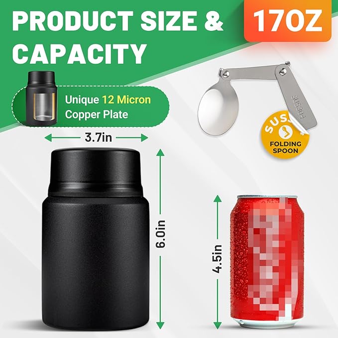 Charcy 17oz Thermo for Hot Food, Soup Thermo Food Container for Lunch Box with Folding Spoon ZB - Black