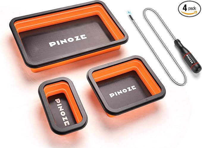 Collapsible Magnetic Parts Organizer Trays & 12" Flexible Magnetic Pickup Tool, 3 Different Size Magnet Tool Trays & Pick-Up Sweeper for Screw, Bolts, Nuts, Washers, Pins and Other Metal Parts