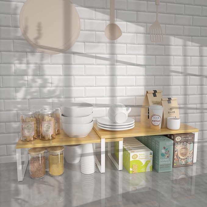 NEX Kitchen Cabinet and Counter Shelf Organizer, Stackable & Expandable, Set of 4, White and Natural - 7.7 x 15.6 x 6.2''