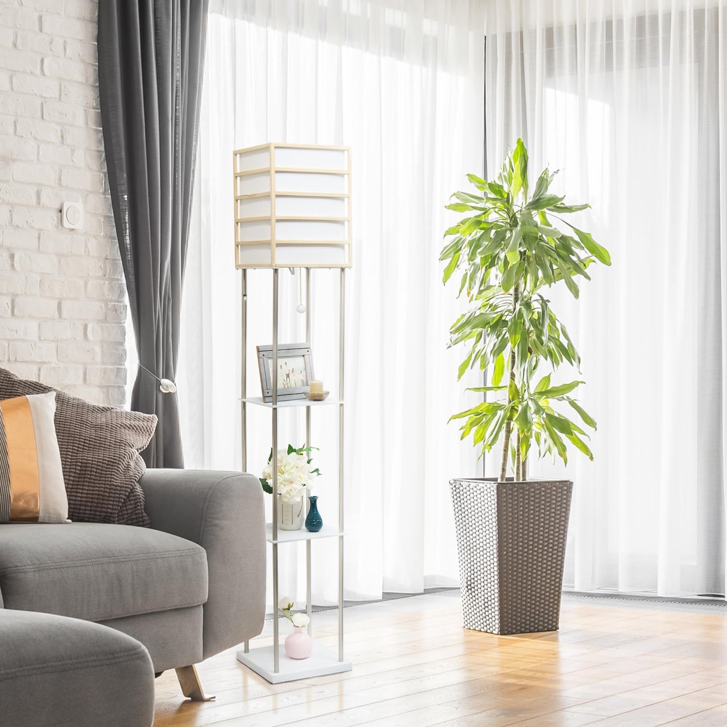 Simple Designs LF1022-LWD Metal Etagere Floor Lamp, Light Wood