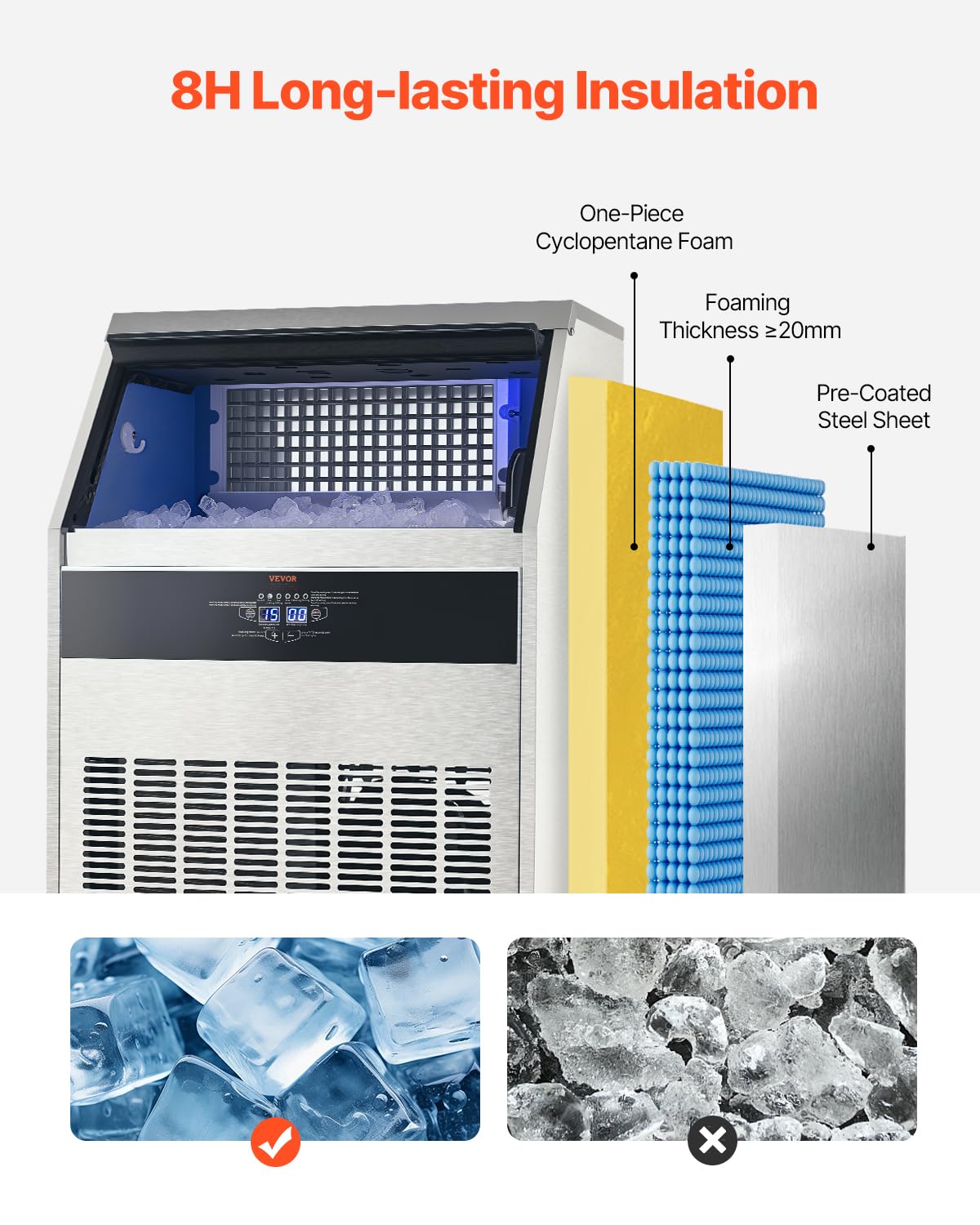 Vevor 265Lbs/24H Commercial Ice Maker Machine With Drain Pump, 88Lbs Storage Capacity Ice Maker, 126 Ice Cubes In 15 Minutes, Le