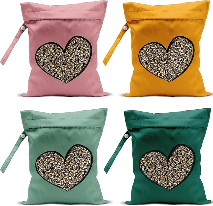 4 Pack Leopard Heart Cute Leopard Wet Bag Waterproof Reusable Wet Dry Bag for Swimsuit Clothes Cloth Diaper Travel Pool Yoga Toiletries Travel Cruises Valentine Day Christmas Camping Beach Essentials