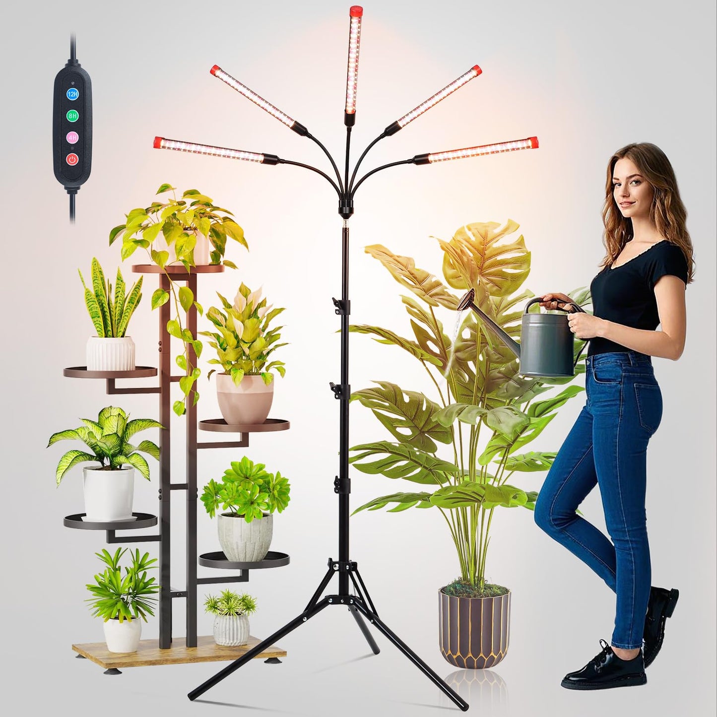 FECiDA 45W 5-Head Tripod Plant Light for Indoor Plants, Full Spectrum, Timer, Black, Model ZH_GL_RH