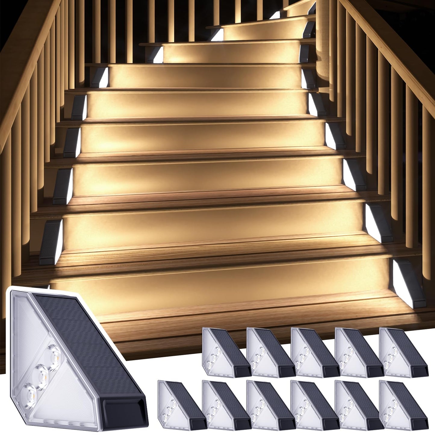 Roshwey Solar Stair Lights Outdoor Waterproof  12 Pack Solar Powered Step Lights For Outside  Triangle Deck Step Light  Outdoor Decor Lighting For Front Porch  Backyard  Patio  Cool White
