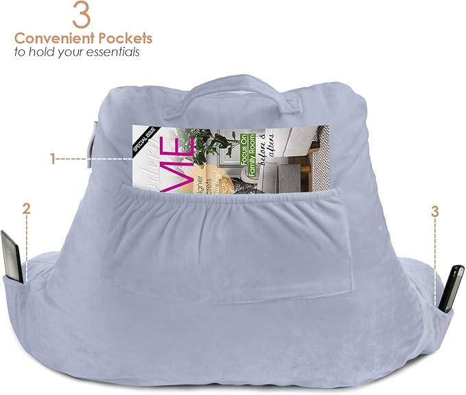 Nestl Reading Pillow Standard Bed Pillow, Back Pillow for Sitting in Bed Shredded Memory Foam Chair Pillow, Reading & Bed Rest Pillows Ice Blue Back Pillow for Bed, Bed Chair Arm Pillow with Pockets
