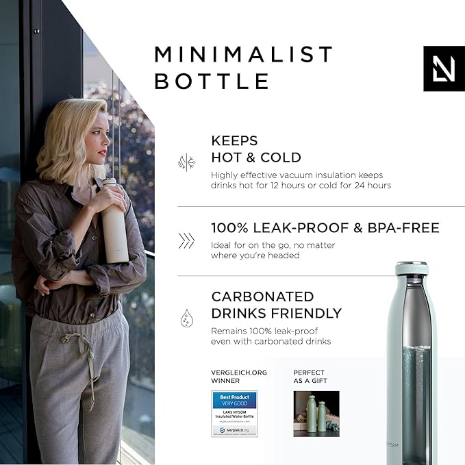 LARS NYSØM Stainless Steel Insulated Water Bottle 12oz 17oz 25oz 34oz 51oz | BPA-free Insulated Thermo Flask for Hot and Cold Beverages | Leakproof Drinking Bottle (Whispering Blue, 25oz)
