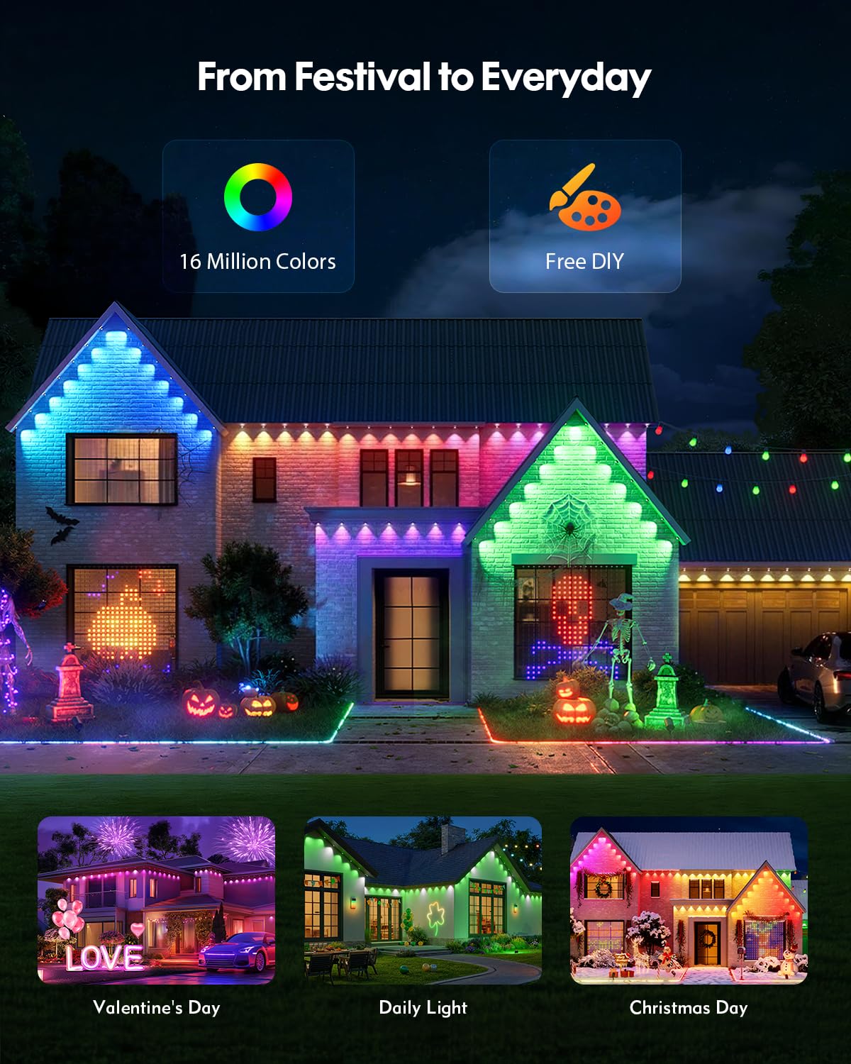 PIYOOPDR Outdoor LED Eave Lights, 200FT, Smart RGB-IC, 4000K White & Multicolor, IP67 Waterproof, Model JG-001W-10