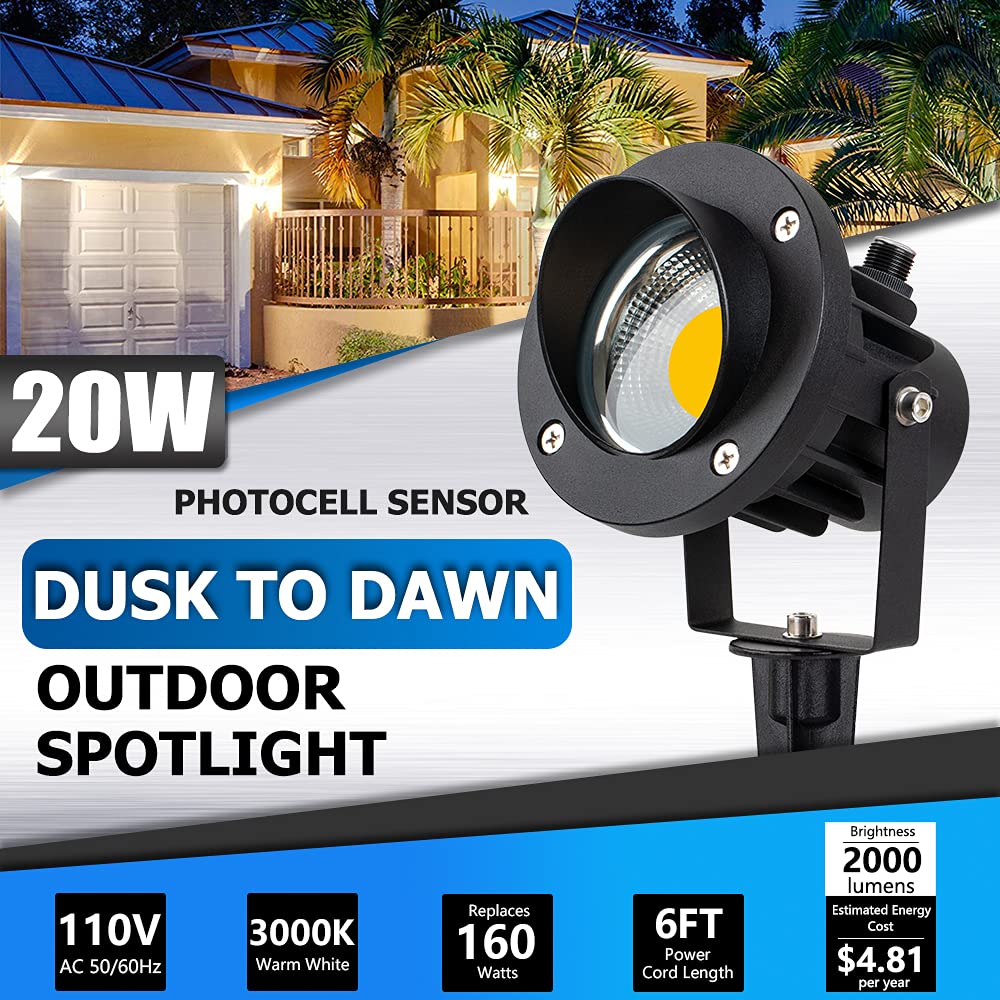 SUNVIE Outdoor LED Spotlight 20W with Dusk to Dawn Sensor, Waterproof, 2 Pack, Warm White, Aluminum